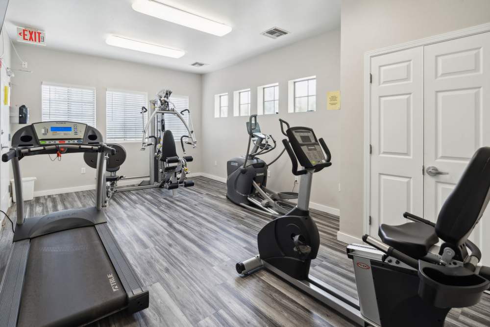Fitness center with treadmills at Canyon Village in Los Alamos, New Mexico