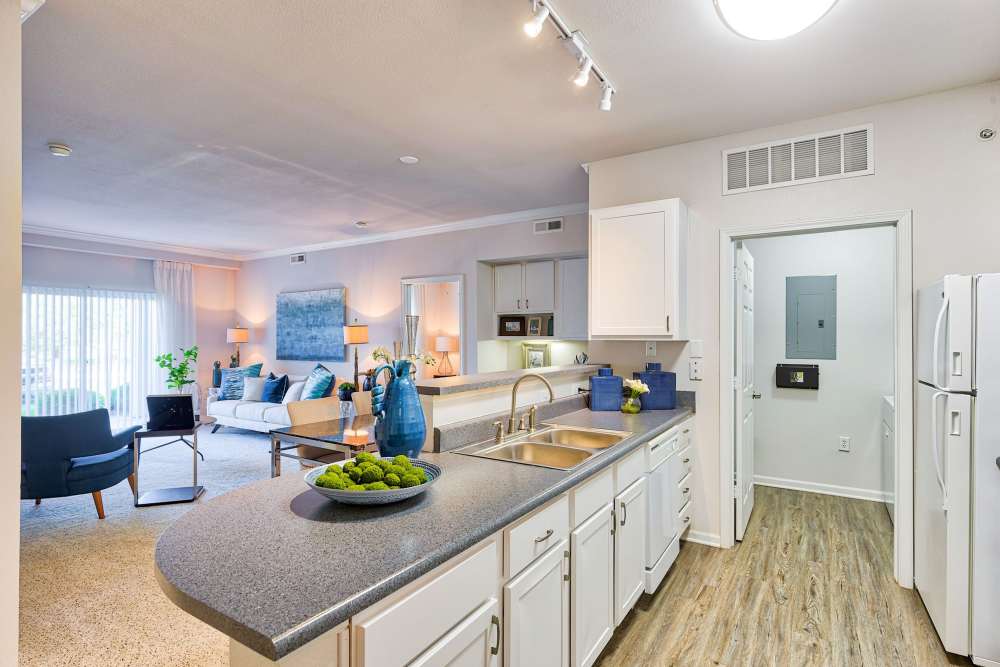 Kitchen counter with storage units at Eastland Trails in Independence, Missouri