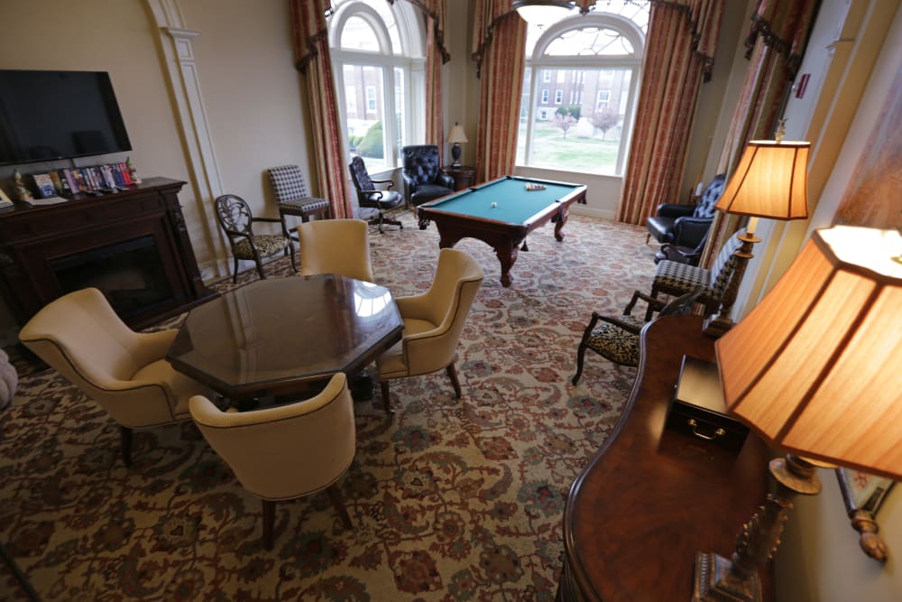 A billiards table in the activity room at The Chamberlin in Hampton, Virginia