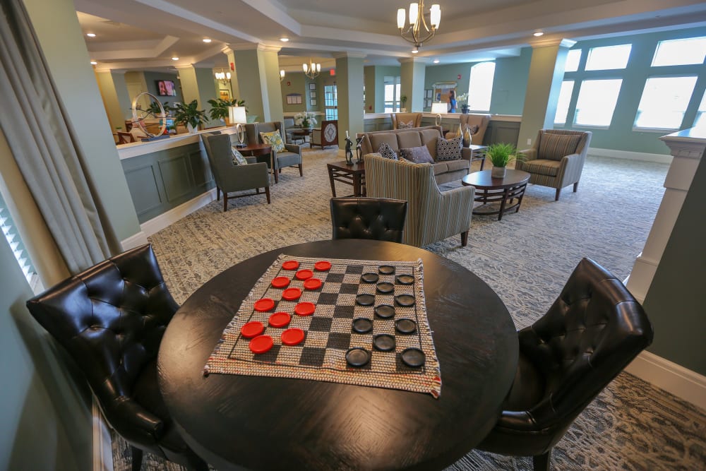 A checkers table in the activity room at Harmony at Spring Hill in Lorton, Virginia