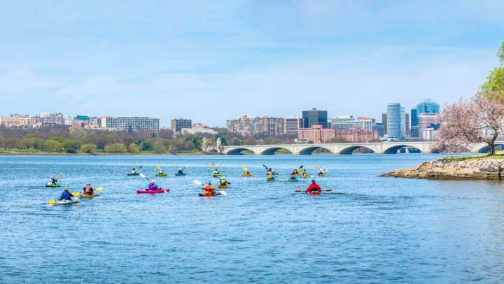 People paddling kayaks along a river with a city skyline in the background