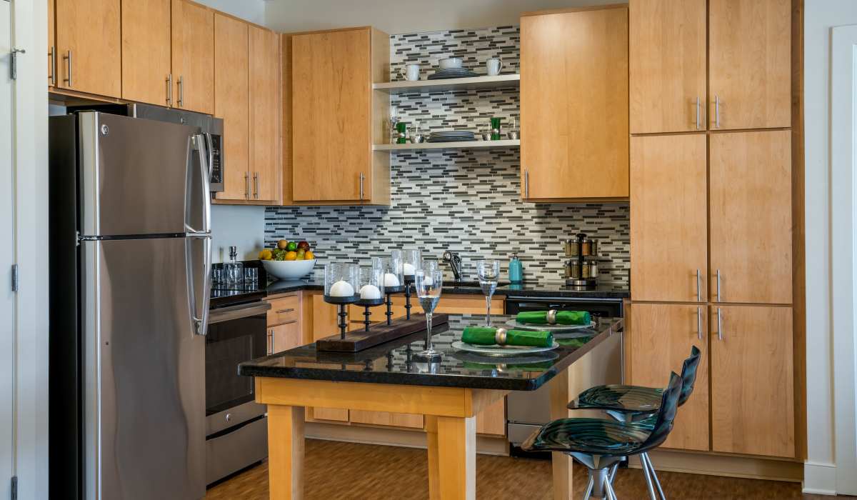 Kitchen with stainless-steel appliances in an apartment at Pinnacle Apartments, Hampton, Virginia