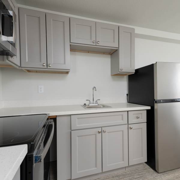 Studio apartment with custom cabinetry and stainless steel appliances at Thea Apartments in Tacoma, Washington