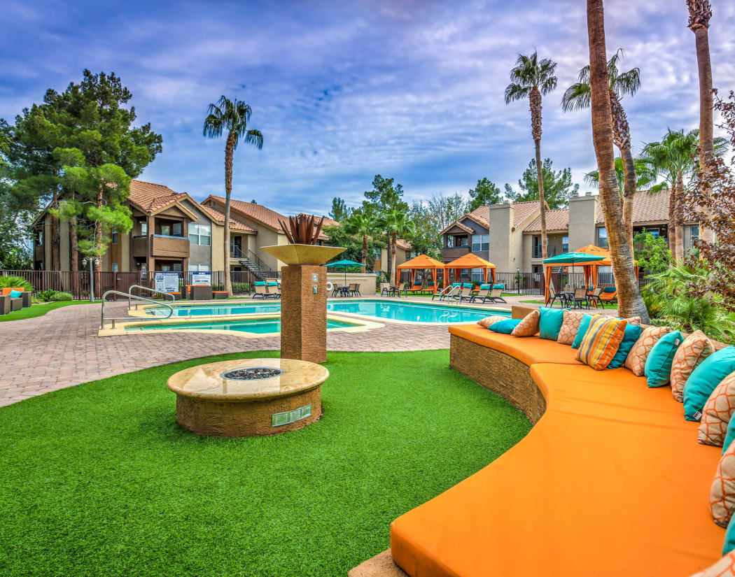 Comfortable spots to lounge near the pool at Solis at Flamingo in Las Vegas, Nevada