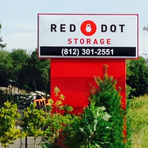 Sign at the street entrance of Red Dot Storage in Charlestown, Indiana
