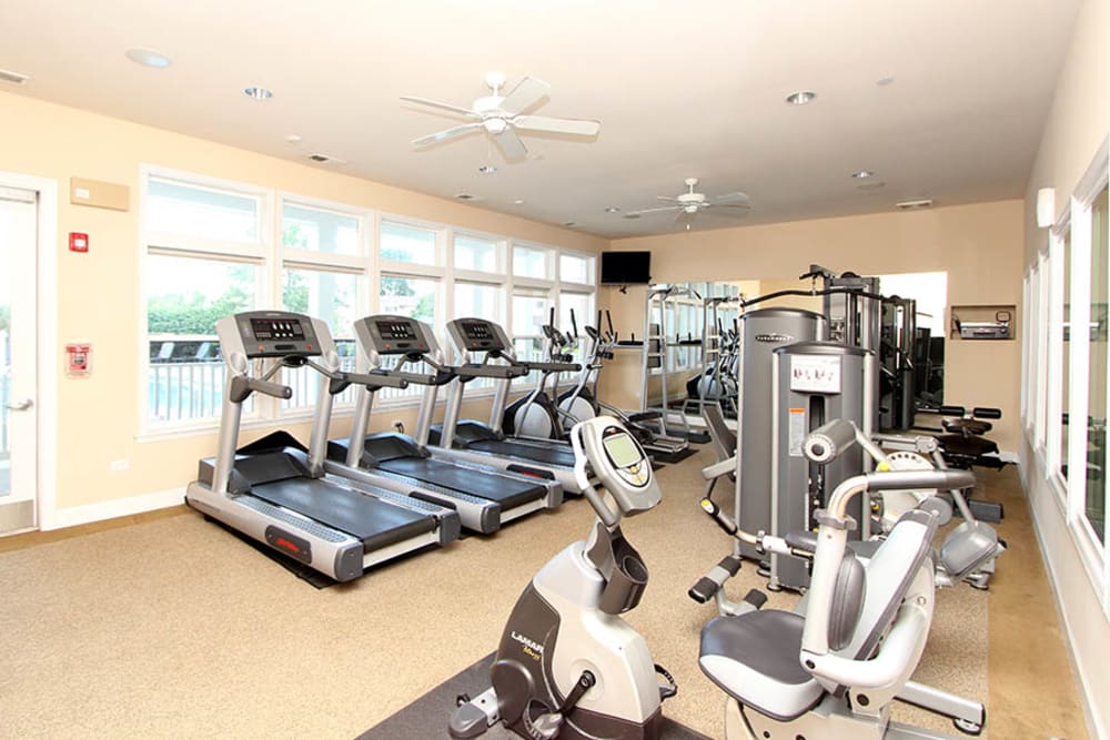 Clean, modern community gym at Riverstone Apartments in Bolingbrook, Illinois