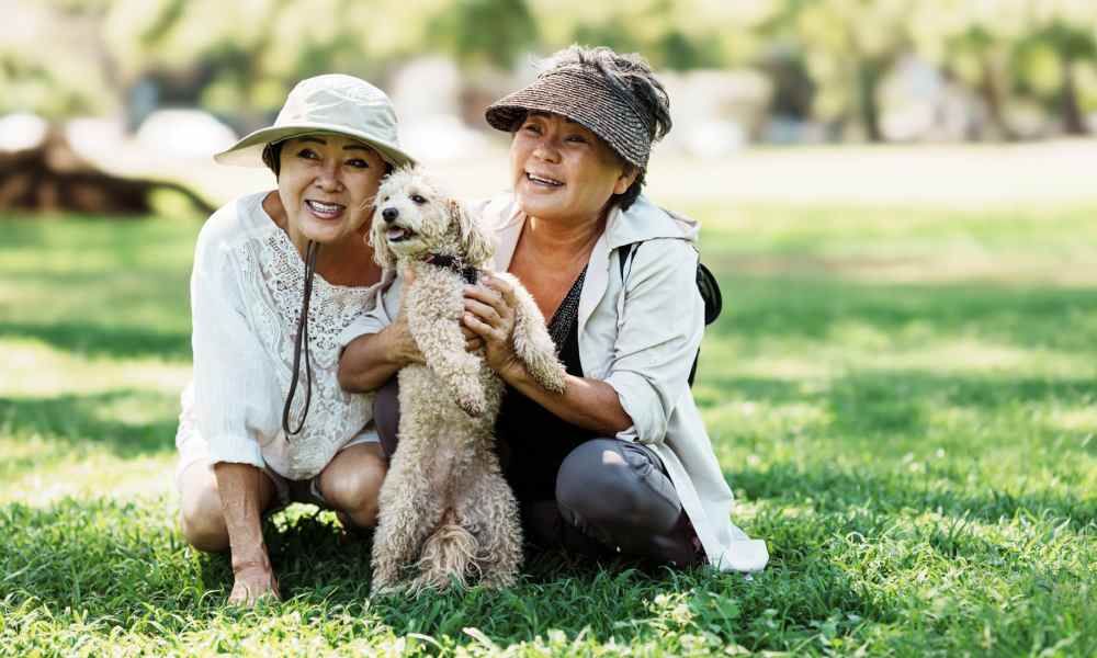 Residents sitting on grass and playing with their dog outdoors near Pin Oak Village in Bowie, Maryland