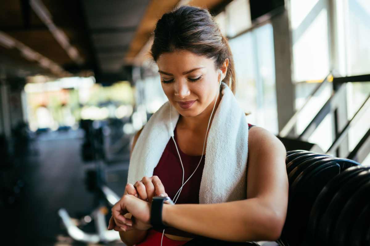 Resident working out in the fitness center at Acacia at Youngtown in Youngtown, Arizona