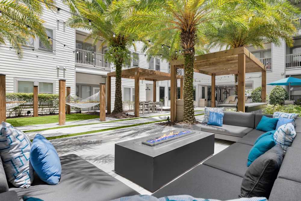 Outdoor courtyard with palm trees and string lights at SoBA Apartments in Jacksonville, Florida