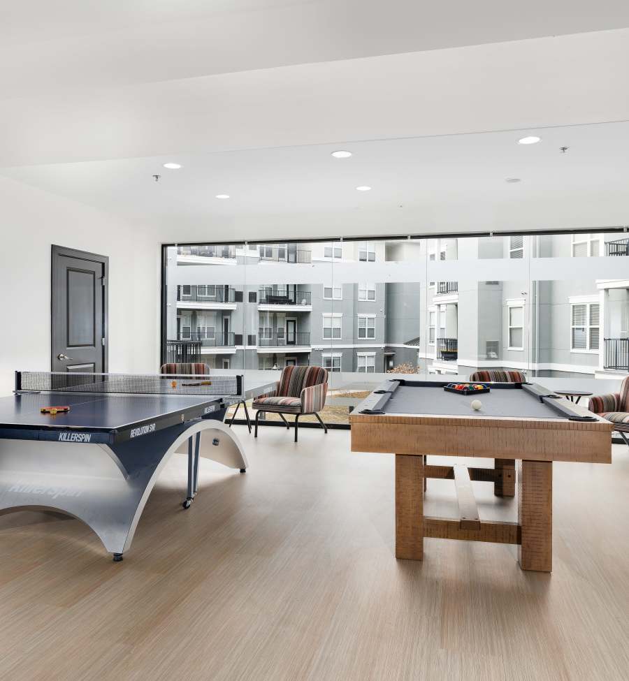 Game lounge with ping pong table at The Landing St. Louis in Saint Louis, Missouri