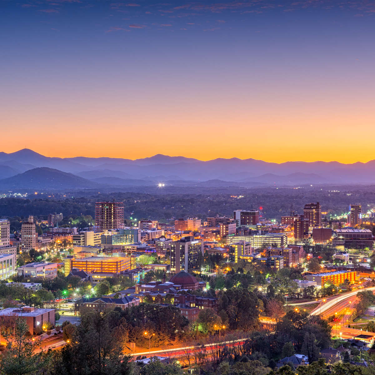 City skyline with mountains at Creekside Living in Weaverville, North Carolina 