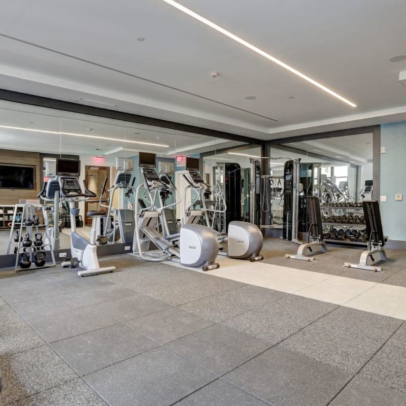 A fitness center with lots of individual workout stations at Solaire 7077 Woodmont in Bethesda, Maryland