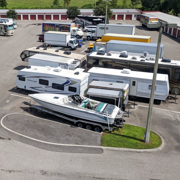 RVs, boats, and trucks parked at StorQuest Self Storage in Fresno, California