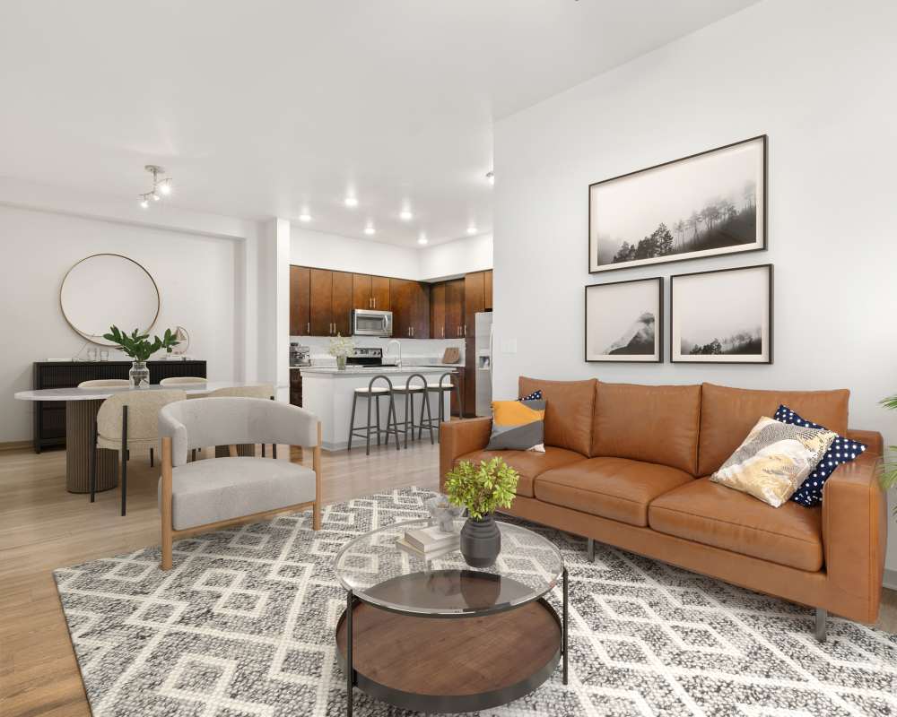 Modern living room and kitchen at Kent Place Residences in Englewood, Colorado