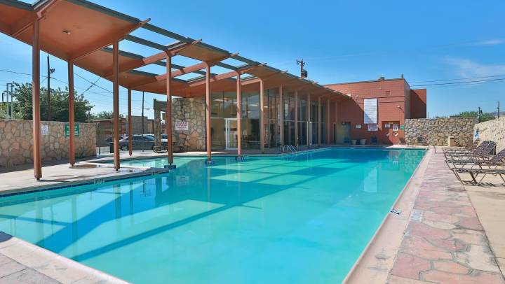 The pool and clubhouse space at Agave Courtyard in El Paso, Texas