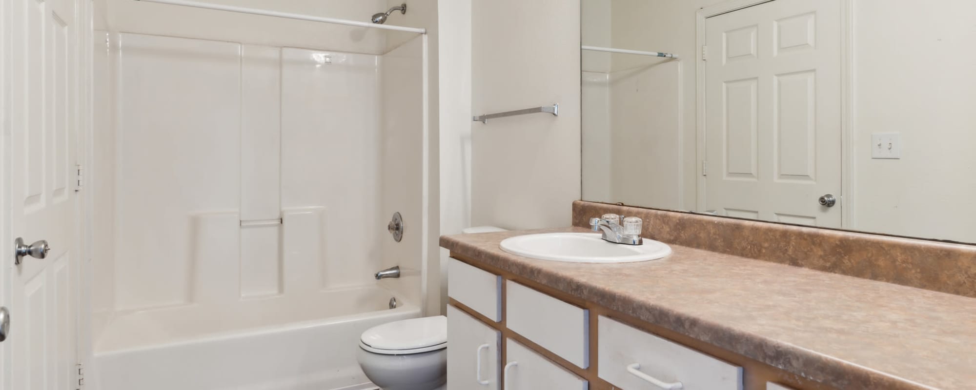Bathroom view in an apartment at Walden Pond Apartments in High Ridge, Missouri