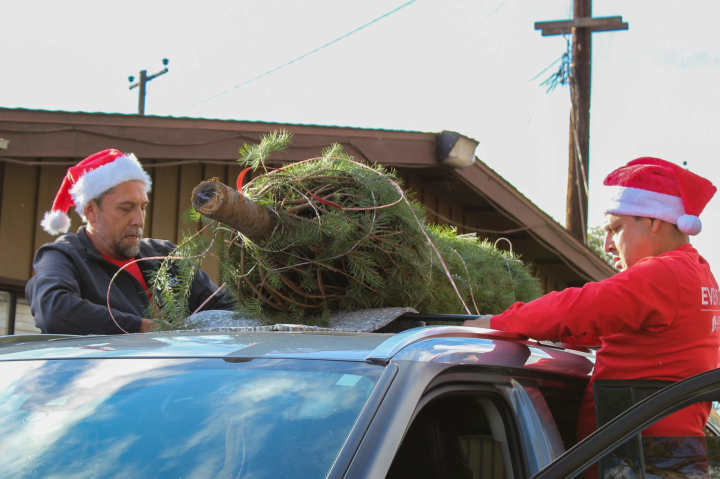 Two Liberty Military Housing Employees pictured strapping a Christmas tree to a car
