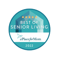 Best Senior Living Award ribbon from A Place for Mom icon given to Atrium at Liberty Park