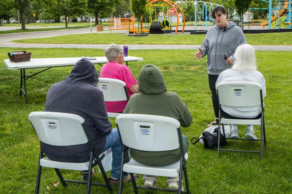 Residents gather in the chapel for a service at Legacy Living Defiance in Defiance, Ohio