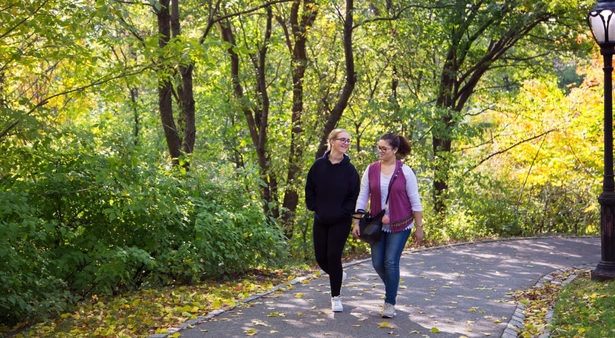 Two People Walking on a Paved Nature Path in a Park at 1221 Vallejo Apartments in Novato, California