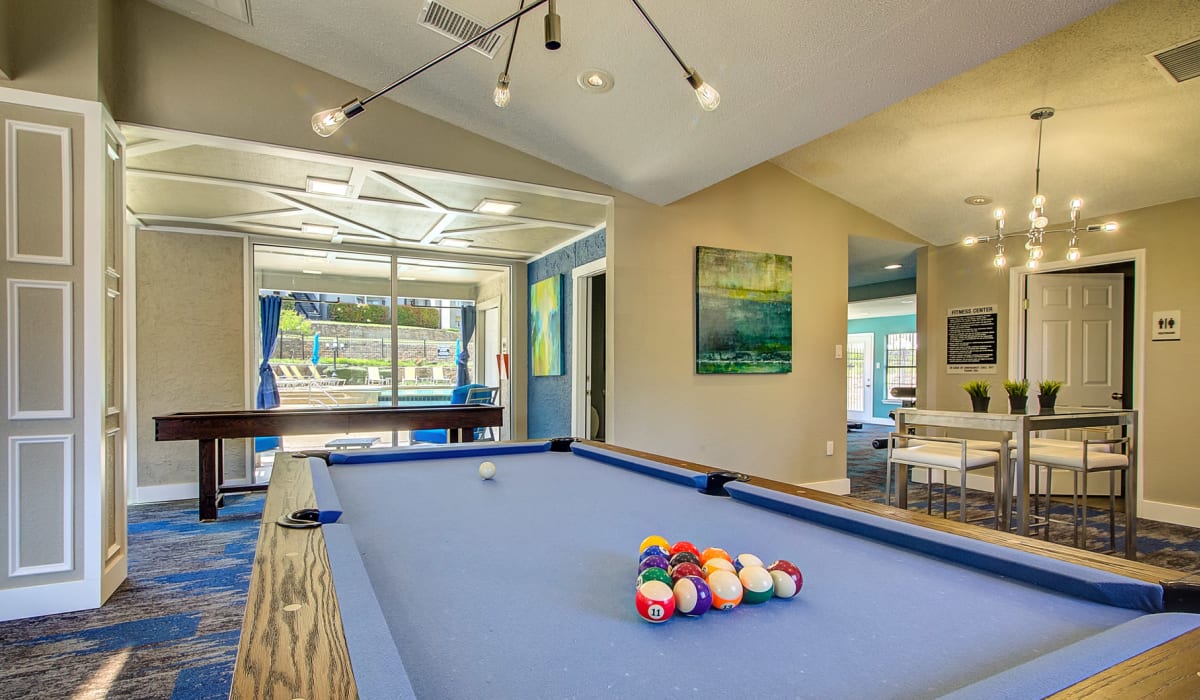 Pool table in the community lounge at Canyon Grove in Grand Prairie, Texas