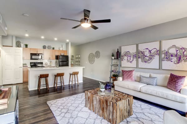 Master bedroom with ceiling fan at Spectra on 7th in Phoenix, Arizona