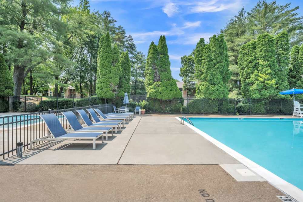 Pool with lounge chairs for residents at Eagle Rock Apartments at West Springfield in Springfield, Virginia