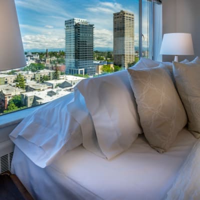 Seattle views from the bedroom of the penthouse at Panorama Apartments in Seattle, Washington