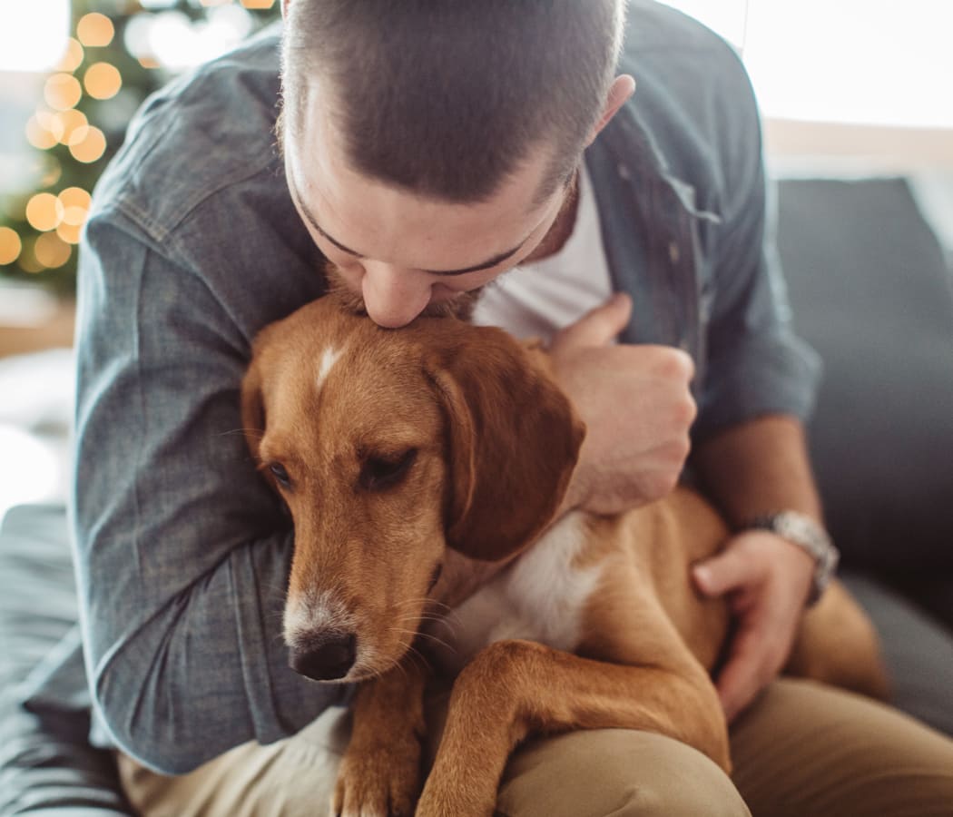 Resident hugging his dog at Icon at Norman in Norman, Oklahoma