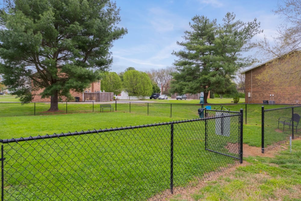 Dog park with benches at Magnolia Place Apartments in Franklin, Tennessee
