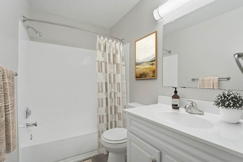 Modern bathroom with wood cabinetry at Eagle Rock Apartments at Abingdon in Abingdon, Maryland