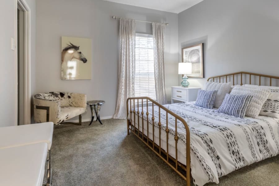 Spacious carpeted model bedroom at The Brandt in Irving, Texas