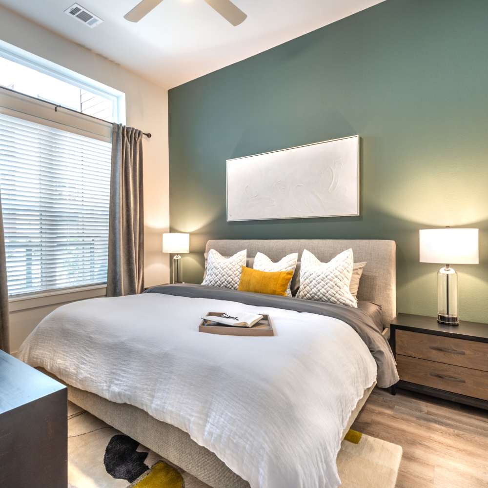 Well lit bedroom at Cornell Midtown in Dallas, Texas