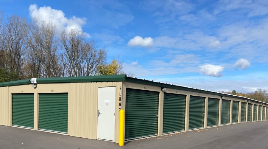 A row of outside storage units at KO Storage in Portage, Wisconsin