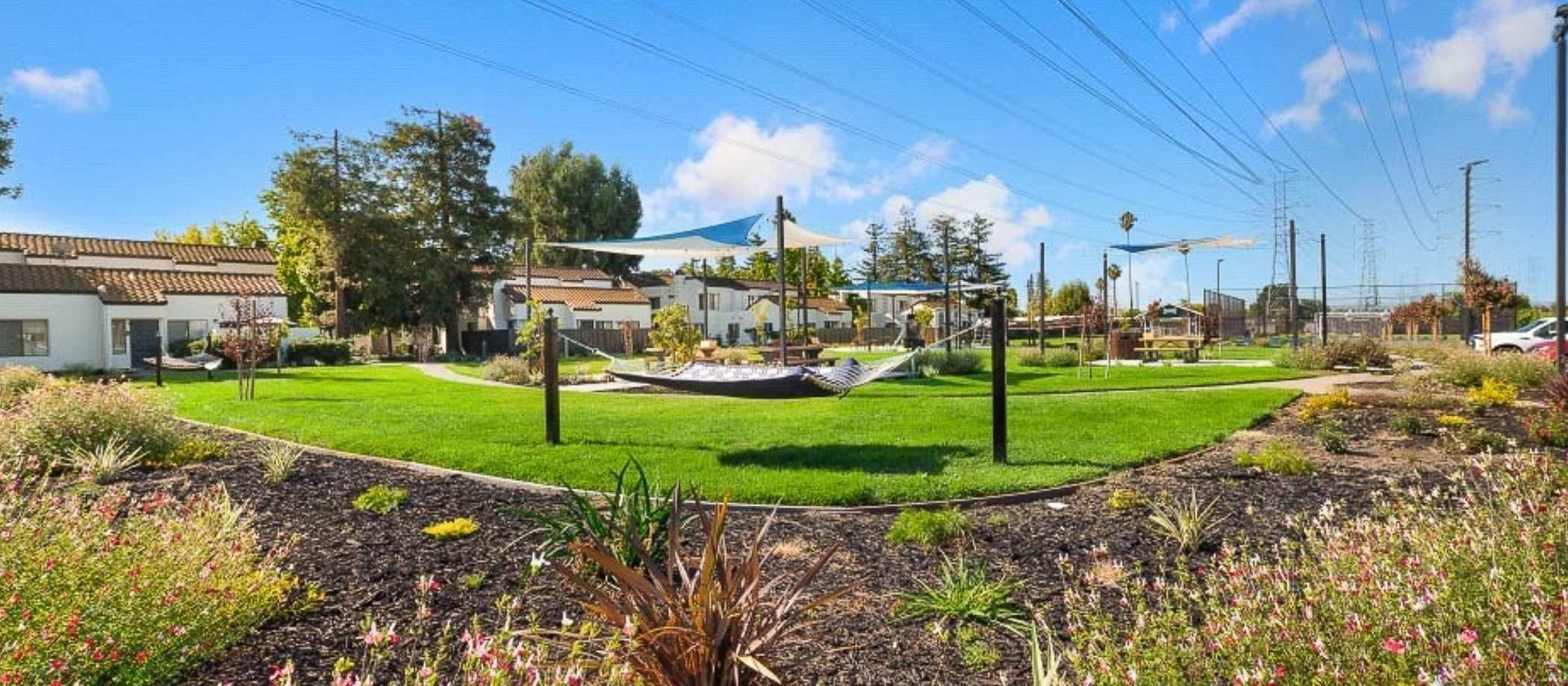 The pool at the park in the village, San Diego, California, surrounded by greenery and lounge chairs at Mariposa Fremont in Fremont, California
