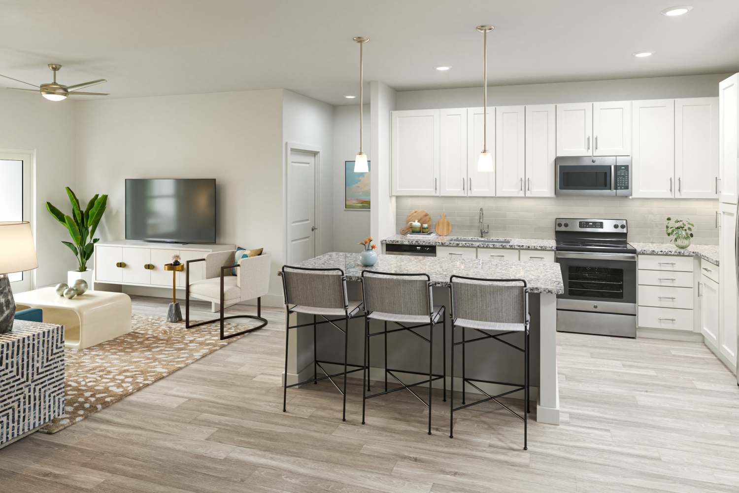 Living and dining area in our model at Avion Apartments in Jacksonville, Florida
