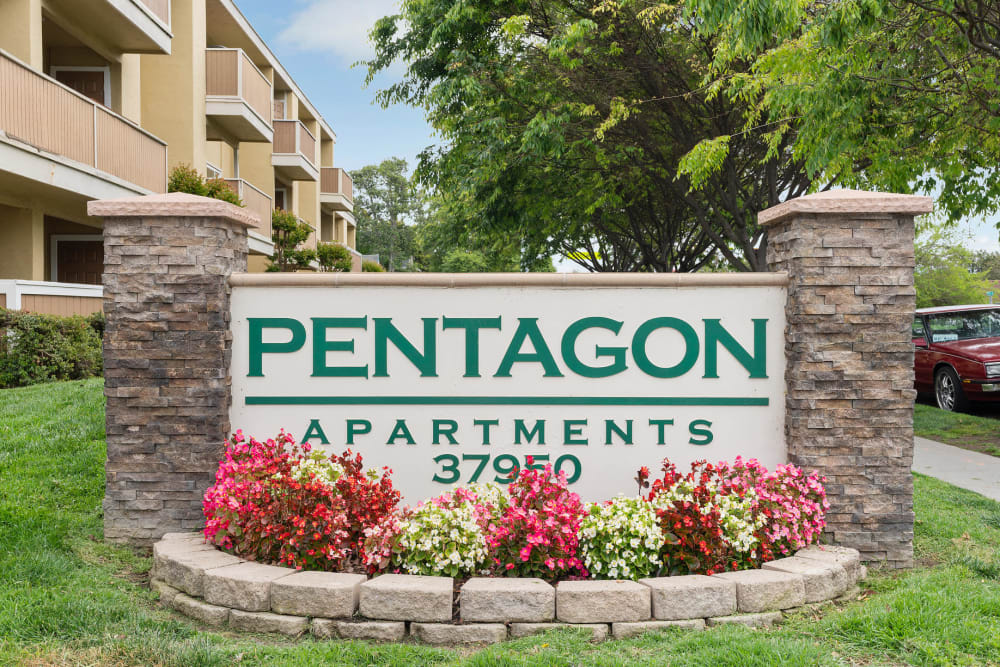 Community Sign at Pentagon Apartment Homes Fremont, California.