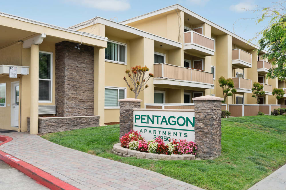 Community Entrance and Sign at Pentagon Apartment Homes Fremont, California.