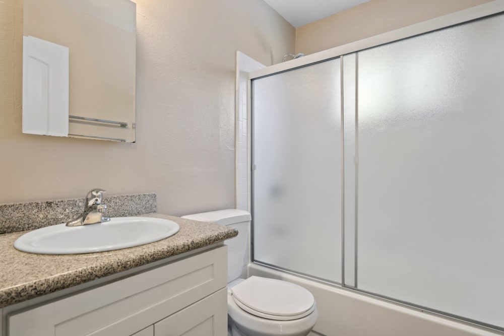 renovated bathroom at Royal Gardens Apartment Homes, in Livermore, California.