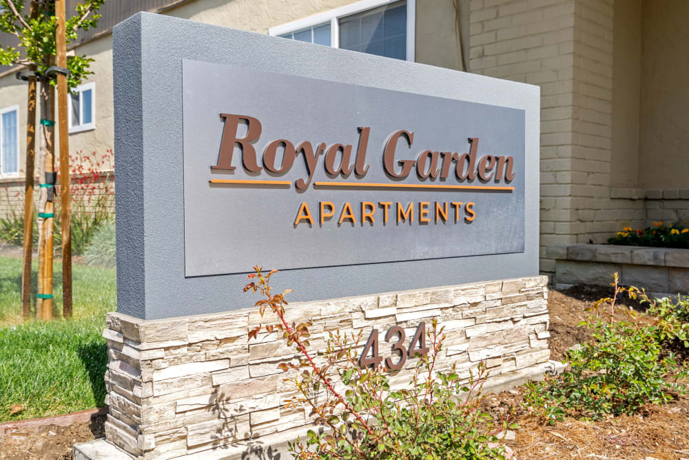 Community Monument Sign at Royal Gardens Apartment Homes, in Livermore, California.