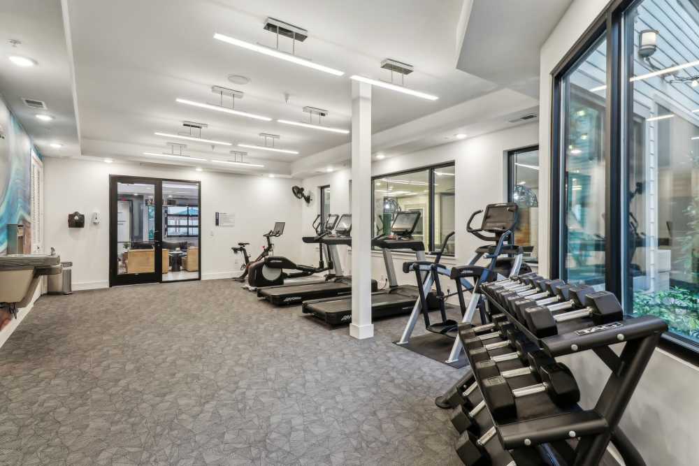 Community exercise room with various exercise equipment at SoBA Apartments in Jacksonville, Florida