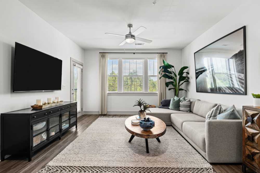 Spacious living room with couch, coffee table and flat screen television at Watersound Origins Crossings in Inlet Beach, Florida