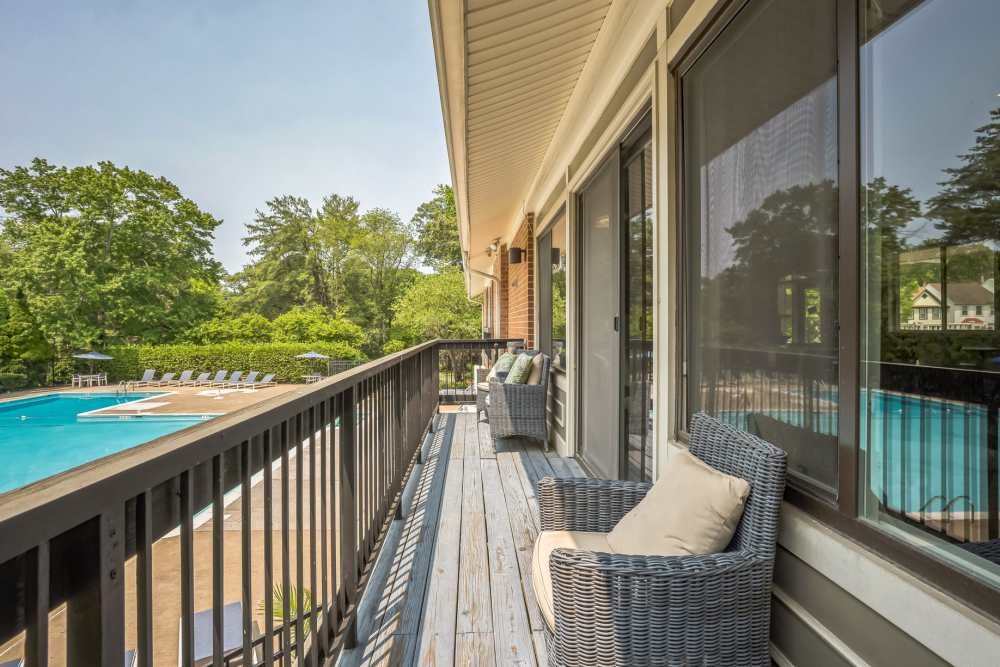 Balcony overlooking the resident pool at Eagle Rock Apartments at West Springfield in Springfield, Virginia