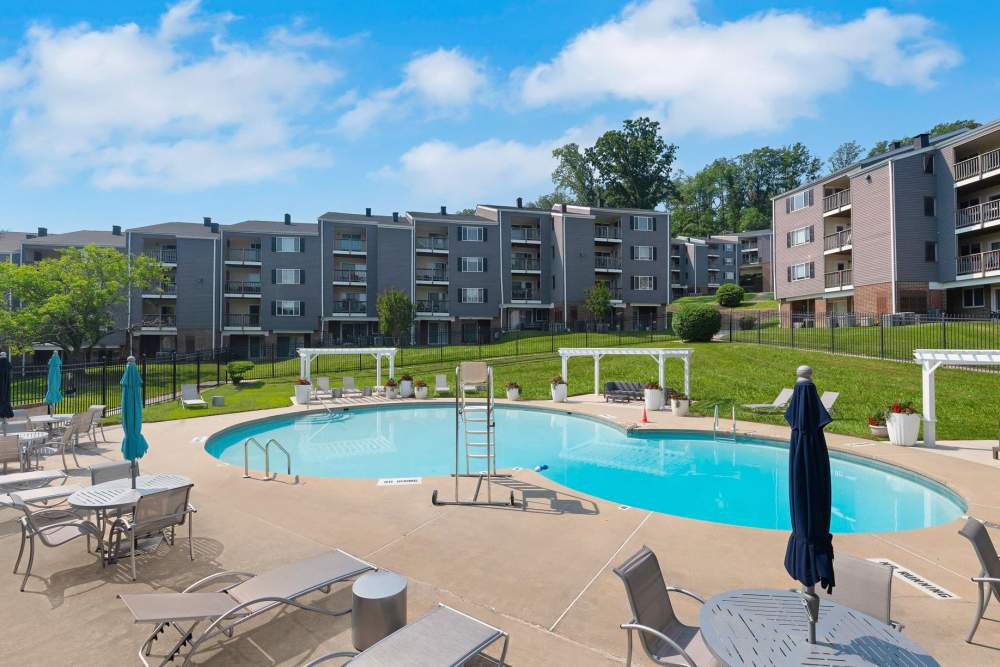 Renovated swimming pool and sun deck at Eagle Rock Apartments at Towson in Towson, Maryland