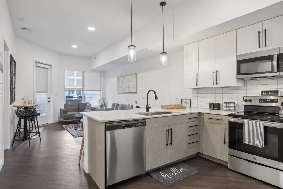 Modern kitchen area at The Flats at Dorsett Ridge in Maryland Heights, Missouri