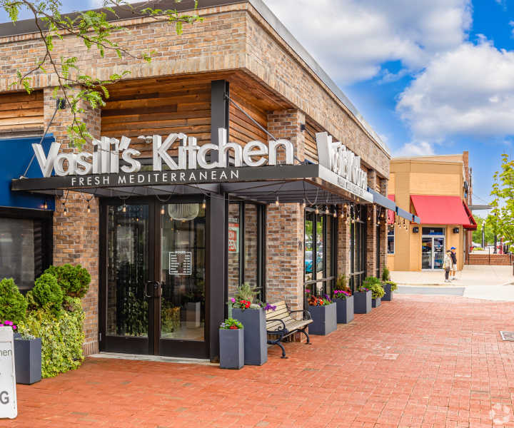Vasili's Kitchen local restaurant facade Beacon Place at Kentlands in Gaithersburg, Maryland