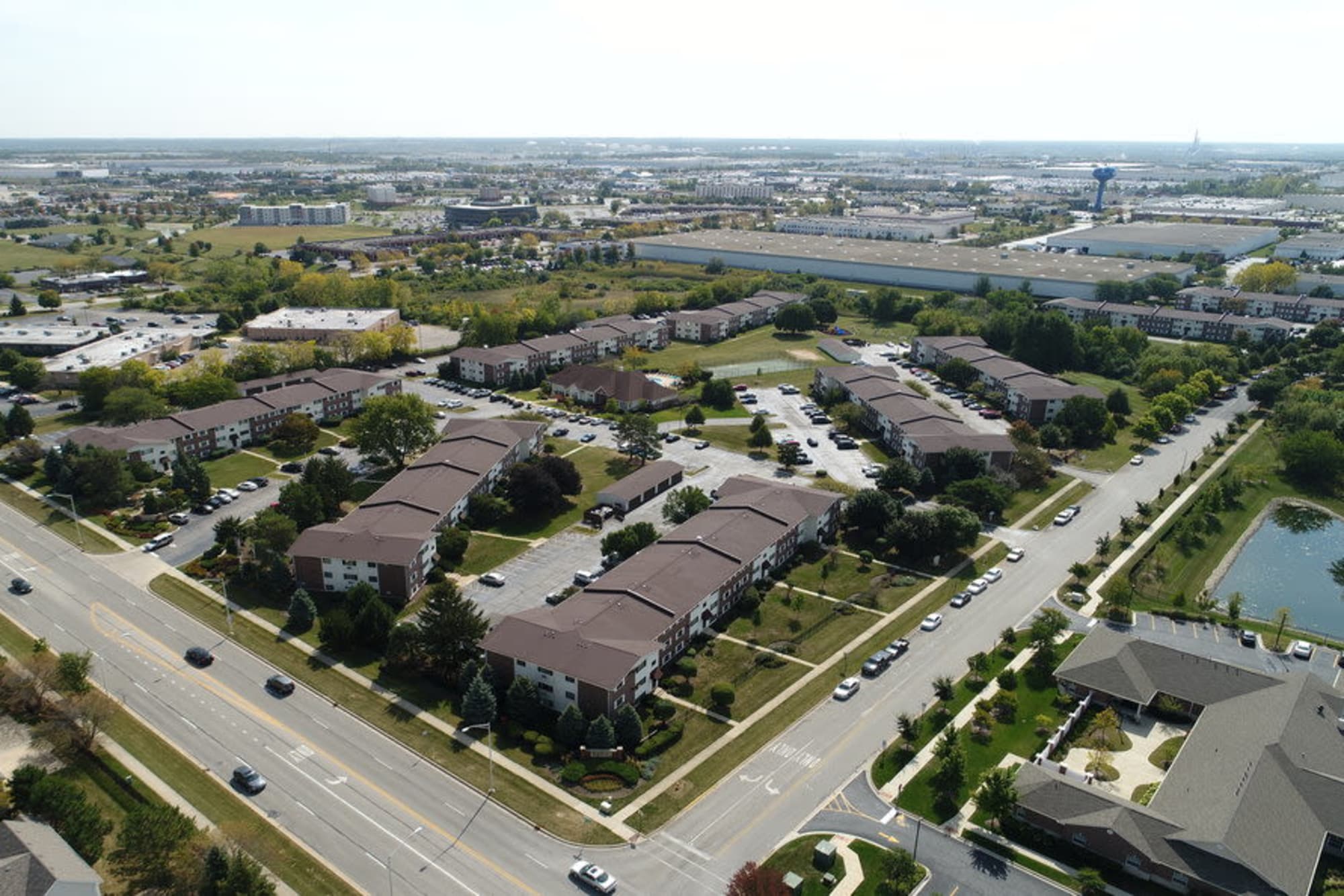 Aerial view of the property and surrounding area at Riverstone Apartments in Bolingbrook, Illinois