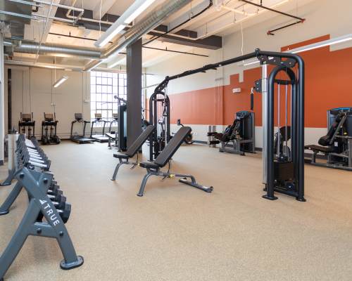fitness center at Mojud Lofts in Greensboro, North Carolina