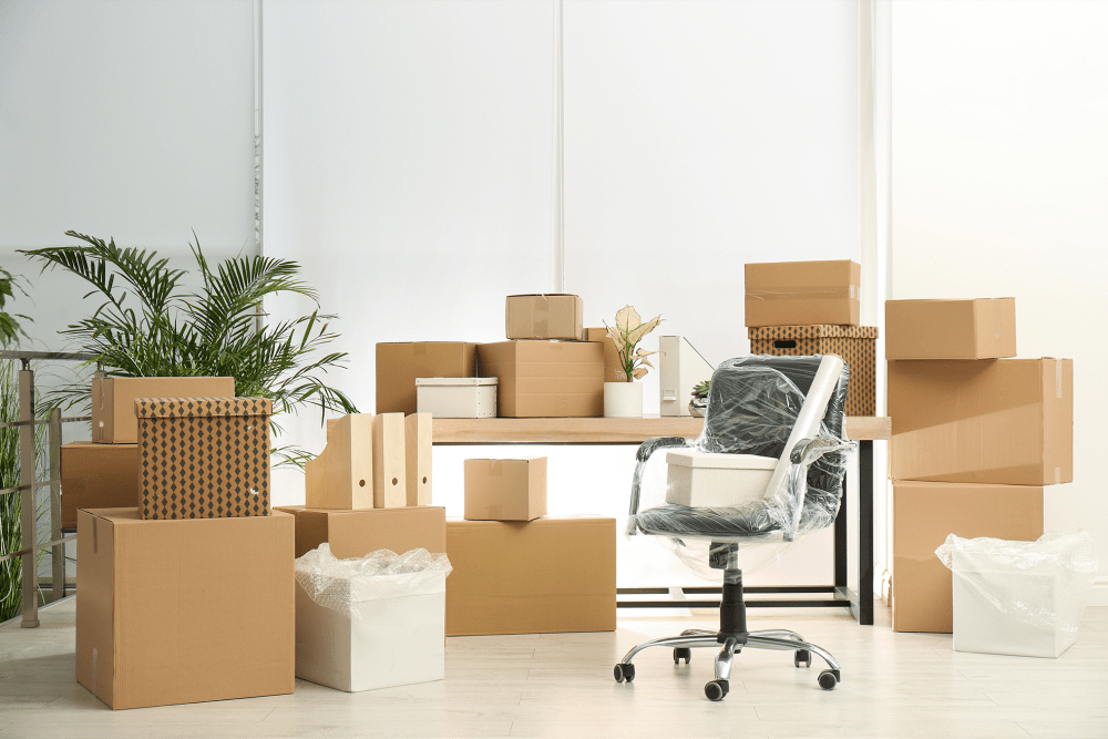 Boxes packed in an office near BuxBear Storage Medford Bullock Road in Medford, Oregon