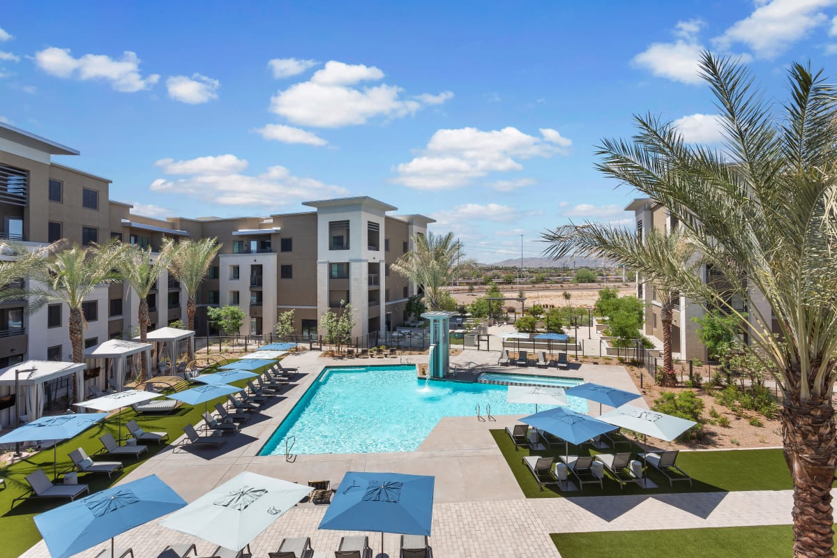 Lounge chairs by the pool at The Aubrey in Tempe, Arizona